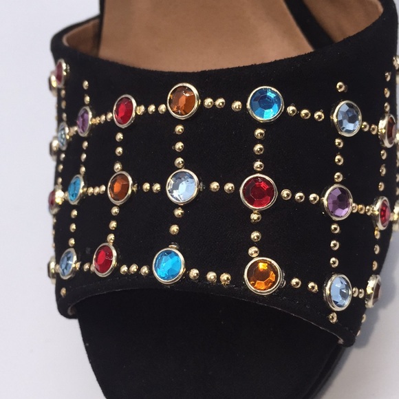 Qupid Ladies Platform Black Suede 5” Heels Pumps Open Toe Rhinestones Size 9 - Picture 11 of 14